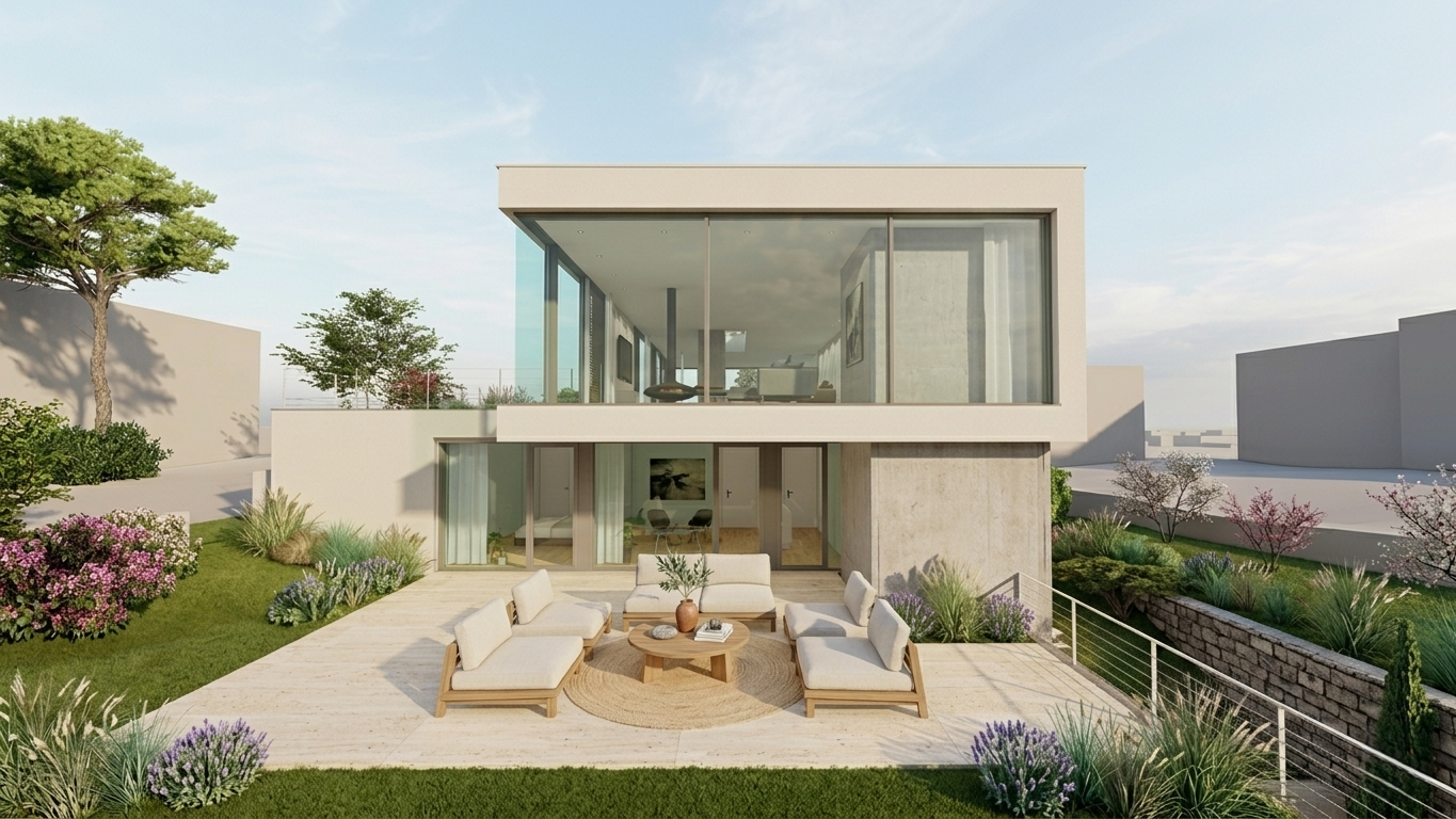 Modernes Einfamilienhaus in Hanglage mit klar gegliedertem, zweigeschossigem Baukörper. Ein auskragendes Obergeschoss mit großformatiger Verglasung öffnet den Wohnbereich zum Landschaftsraum und ermöglicht weite Ausblicke. Die zwei Untergeschosse sind in den Hang integriert und bilden die Basis für eine großzügige, vorgelagerte Terrasse mit Sitz- und Essbereich. Die reduzierte Fassadensprache aus hellen Putzflächen, Sichtbeton und Holzakzenten wird durch eine zurückhaltende Landschaftsgestaltung mit Gräsern, Stauden und Kiefern ergänzt.