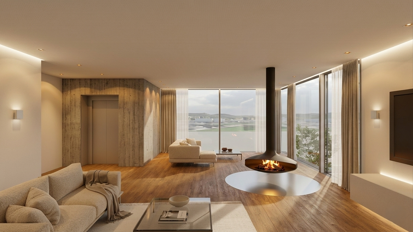 Modernes Einfamilienhaus in Hanglage mit klar gegliedertem, zweigeschossigem Baukörper. Ein auskragendes Obergeschoss mit großformatiger Verglasung öffnet den Wohnbereich zum Landschaftsraum und ermöglicht weite Ausblicke. Die zwei Untergeschosse sind in den Hang integriert und bilden die Basis für eine großzügige, vorgelagerte Terrasse mit Sitz- und Essbereich. Die reduzierte Fassadensprache aus hellen Putzflächen, Sichtbeton und Holzakzenten wird durch eine zurückhaltende Landschaftsgestaltung mit Gräsern, Stauden und Kiefern ergänzt.