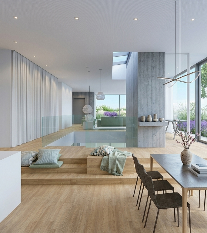 Modernes Einfamilienhaus in Hanglage mit klar gegliedertem, zweigeschossigem Baukörper. Ein auskragendes Obergeschoss mit großformatiger Verglasung öffnet den Wohnbereich zum Landschaftsraum und ermöglicht weite Ausblicke. Die zwei Untergeschosse sind in den Hang integriert und bilden die Basis für eine großzügige, vorgelagerte Terrasse mit Sitz- und Essbereich. Die reduzierte Fassadensprache aus hellen Putzflächen, Sichtbeton und Holzakzenten wird durch eine zurückhaltende Landschaftsgestaltung mit Gräsern, Stauden und Kiefern ergänzt.