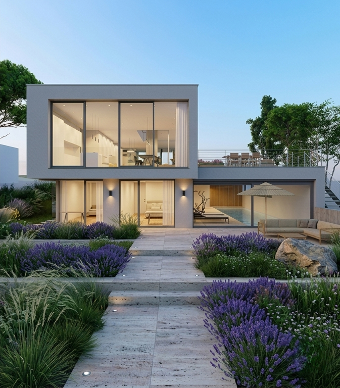 Modernes Einfamilienhaus in Hanglage mit klar gegliedertem, zweigeschossigem Baukörper. Ein auskragendes Obergeschoss mit großformatiger Verglasung öffnet den Wohnbereich zum Landschaftsraum und ermöglicht weite Ausblicke. Die zwei Untergeschosse sind in den Hang integriert und bilden die Basis für eine großzügige, vorgelagerte Terrasse mit Sitz- und Essbereich. Die reduzierte Fassadensprache aus hellen Putzflächen, Sichtbeton und Holzakzenten wird durch eine zurückhaltende Landschaftsgestaltung mit Gräsern, Stauden und Kiefern ergänzt.