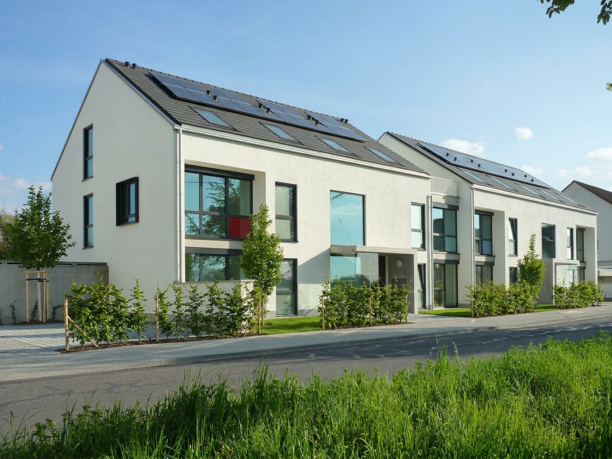 Mehrfamilienhäuser, geförderter Wohnungsbau, Karlsruhe, Mietwohnungen, Tiefgarage, Satteldach ohne Dachüberstand, Sichtbeton, durchgesteckter Wohnbereich, Durchwohnen, wirtschaftlicher Grundriss, kostenoptimiertes Bauen, lichtdurchflutet