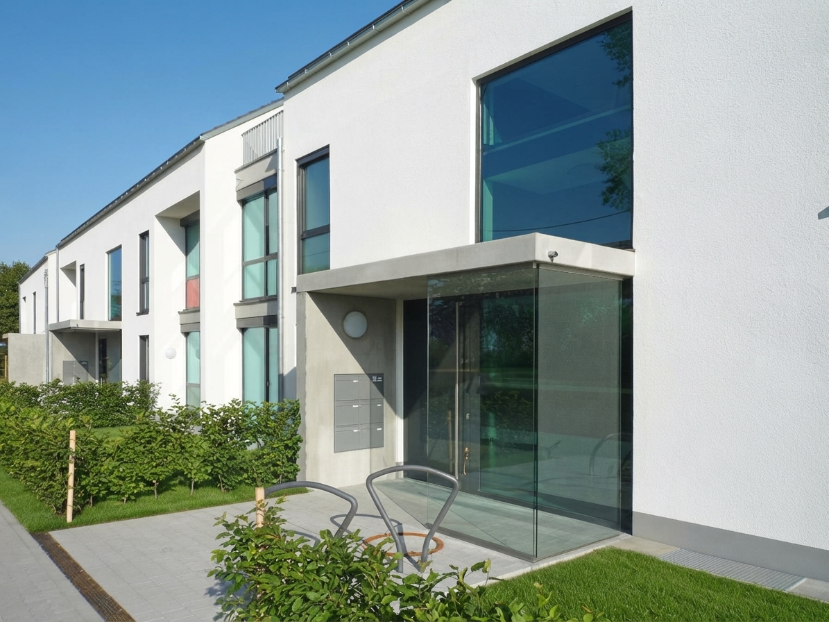 Mehrfamilienhäuser, geförderter Wohnungsbau, Karlsruhe, Mietwohnungen, Tiefgarage, Satteldach ohne Dachüberstand, Sichtbeton, durchgesteckter Wohnbereich, Durchwohnen, wirtschaftlicher Grundriss, kostenoptimiertes Bauen, lichtdurchflutet