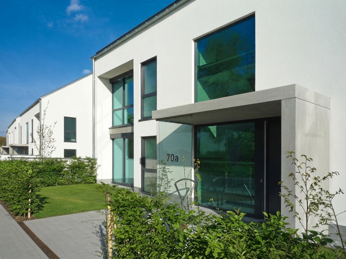 Mehrfamilienhäuser, geförderter Wohnungsbau, Karlsruhe, Mietwohnungen, Tiefgarage, Satteldach ohne Dachüberstand, Sichtbeton, durchgesteckter Wohnbereich, Durchwohnen, wirtschaftlicher Grundriss, kostenoptimiertes Bauen, lichtdurchflutet