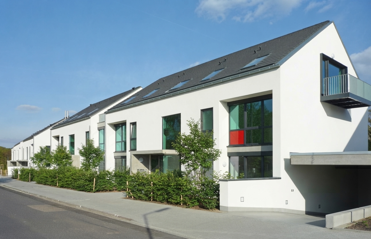 Mehrfamilienhäuser, geförderter Wohnungsbau, Karlsruhe, Mietwohnungen, Tiefgarage, Satteldach ohne Dachüberstand, Sichtbeton, durchgesteckter Wohnbereich, Durchwohnen, wirtschaftlicher Grundriss, kostenoptimiertes Bauen, lichtdurchflutet