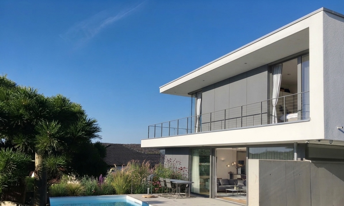 Neubau Einfamilienhaus, versetzt gestapelte Geschosse, Dachterrasse, Sichtebton, Fensterband, Putzband, stehende Fensterformate, Faserzementplatten, Pool, Rimbach, Odenwald, auskragendes Flachdach