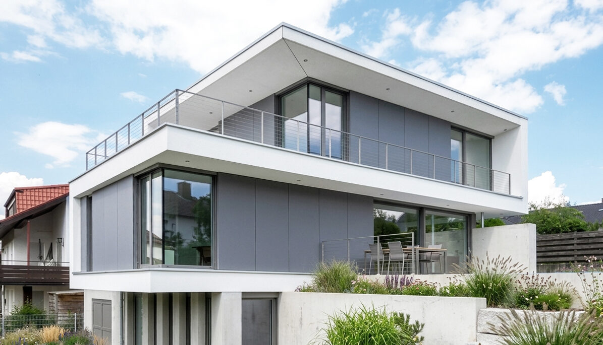 Neubau Einfamilienhaus, versetzt gestapelte Geschosse, Dachterrasse, Sichtebton, Fensterband, Putzband, stehende Fensterformate, Faserzementplatten, Pool, Rimbach, Odenwald, auskragendes Flachdach