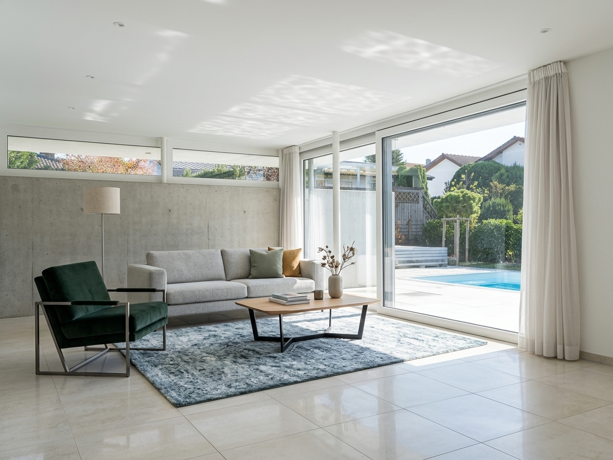 Neubau Einfamilienhaus, versetzt gestapelte Geschosse, Dachterrasse, Sichtebton, Fensterband, Putzband, stehende Fensterformate, Faserzementplatten, Pool, Rimbach, Odenwald, auskragendes Flachdach
