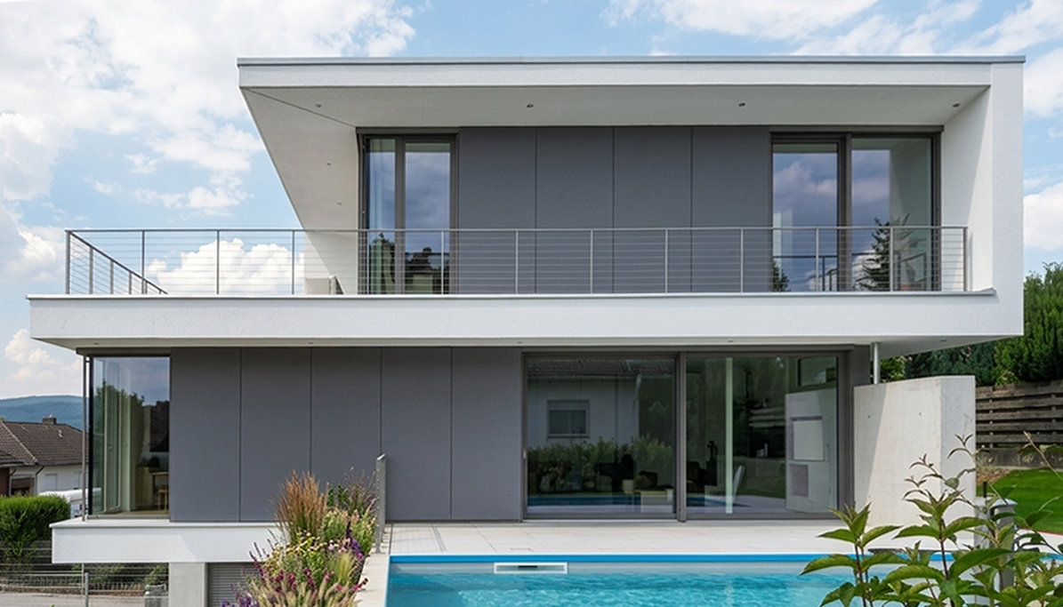 Neubau Einfamilienhaus, versetzt gestapelte Geschosse, Dachterrasse, Sichtebton, Fensterband, Putzband, stehende Fensterformate, Faserzementplatten, Pool, Rimbach, Odenwald, auskragendes Flachdach