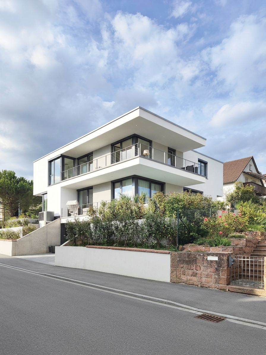 Neubau Einfamilienhaus, am Hang, umlaufende Dachterrasse, Flachdach, auskragendes Dach, am Weinberg, Weinheim, integrierte Doppelgarage, Luftraum, doppelgeschossiger Essbereich, offene Küche