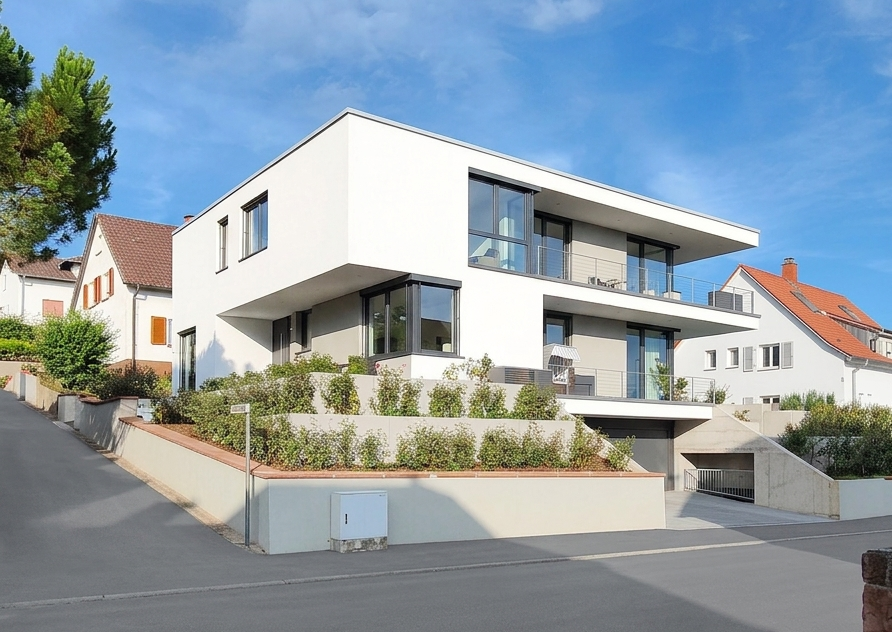 Neubau Einfamilienhaus, am Hang, umlaufende Dachterrasse, Flachdach, auskragendes Dach, am Weinberg, Weinheim, integrierte Doppelgarage, Luftraum, doppelgeschossiger Essbereich, offene Küche