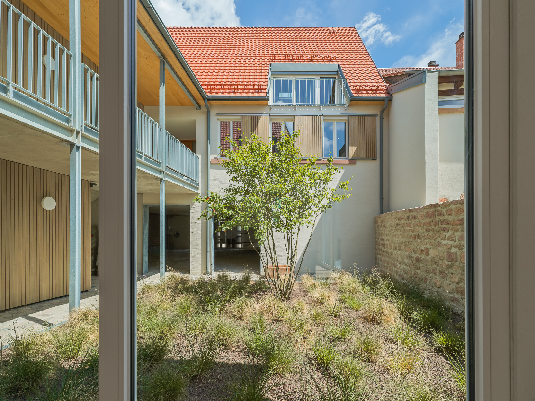 Neubau eines modernen Mehrfamilienhauses -Begrünter Innenhof mit Felsenbirne und Laubengang