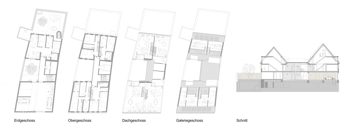 Grundrisse und Schnitt eines Mehrfamilienhauses mit begrüntem Innenhof