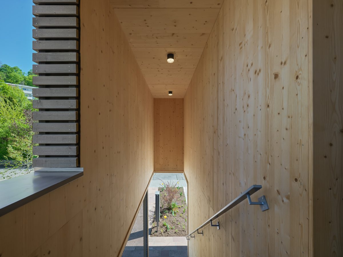 Architekturprojekt „Weiterbauen“ in Weinheim von Weber und Partner Architekten: Gesamtansicht der nachverdichteten Unternehmervilla aus den 1950er Jahren im parkartigen Hanggrundstück. Der gekürzte Bestandsbau mit hellen Klinkern und Holzaufstockung verbindet sich durch den Sandsteinsockel mit dem modernen Erweiterungsbau aus Massivholz.
